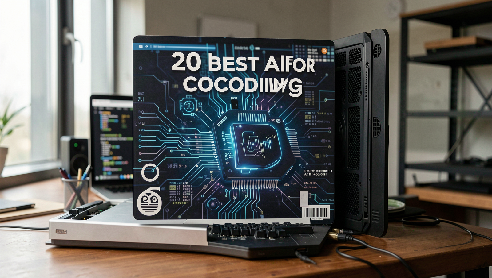 A visually striking editorial photo showcasing AI technology for coding in a modern workspace.