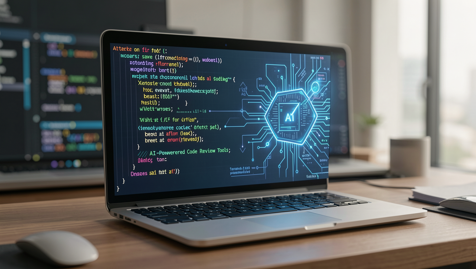 AI analyzing code with detailed graphics and natural lighting