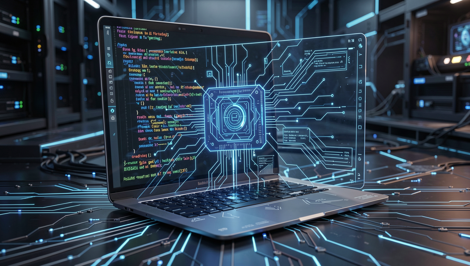 Futuristic AI coding scene with advanced technology and natural lighting.