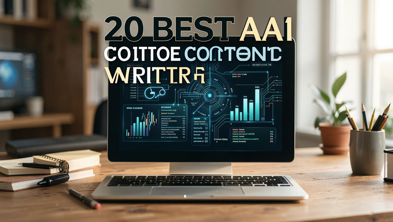 Professional editorial photo showcasing AI tools for content writing in a modern workspace.