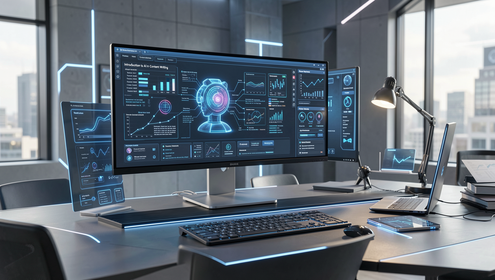 Futuristic workspace featuring AI tools for content creation and writing.