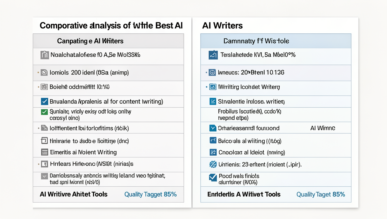 Comparison chart of top 20 AI writing tools with detailed features and specifications.