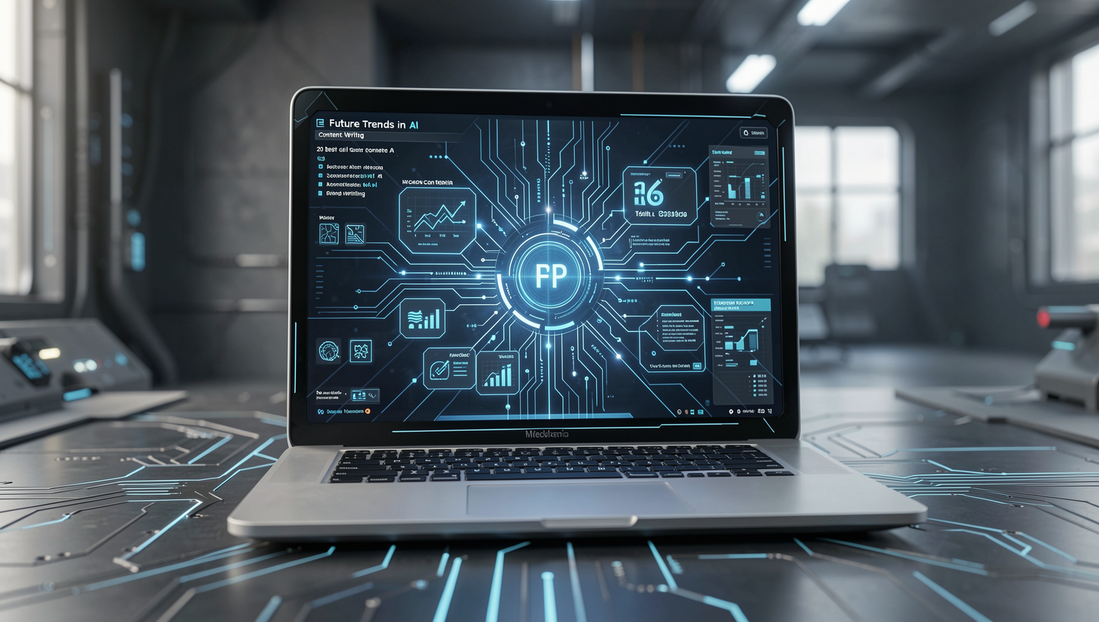 Futuristic AI concept illustrating advanced content writing technologies.