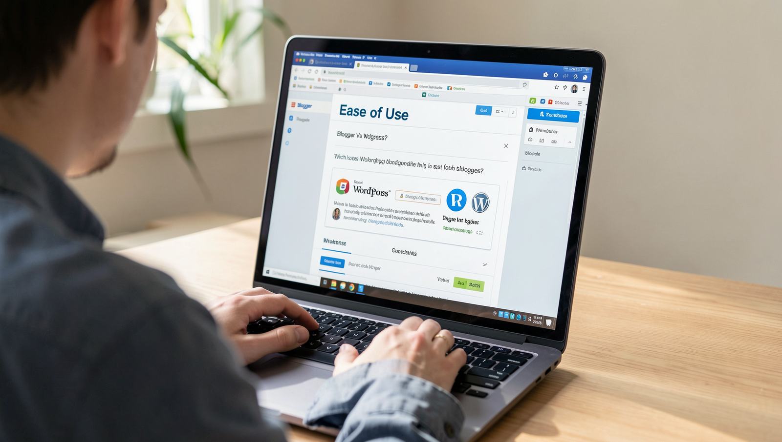 Person using a laptop displaying Blogger and WordPress for blogging comparison.