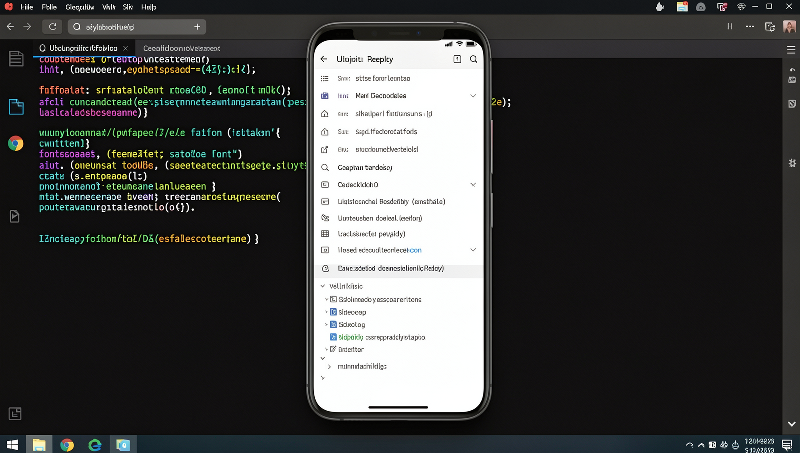 Mockup of a mobile app interface on a Linux desktop with realistic terminal UI.