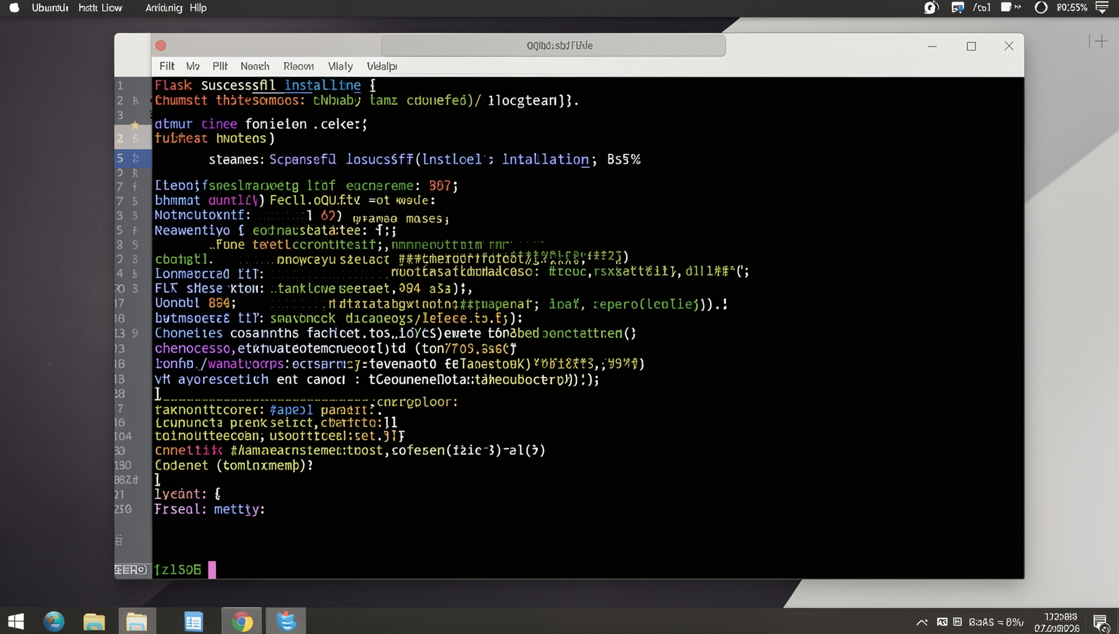 Terminal displaying successful Flask installation on a Linux desktop.