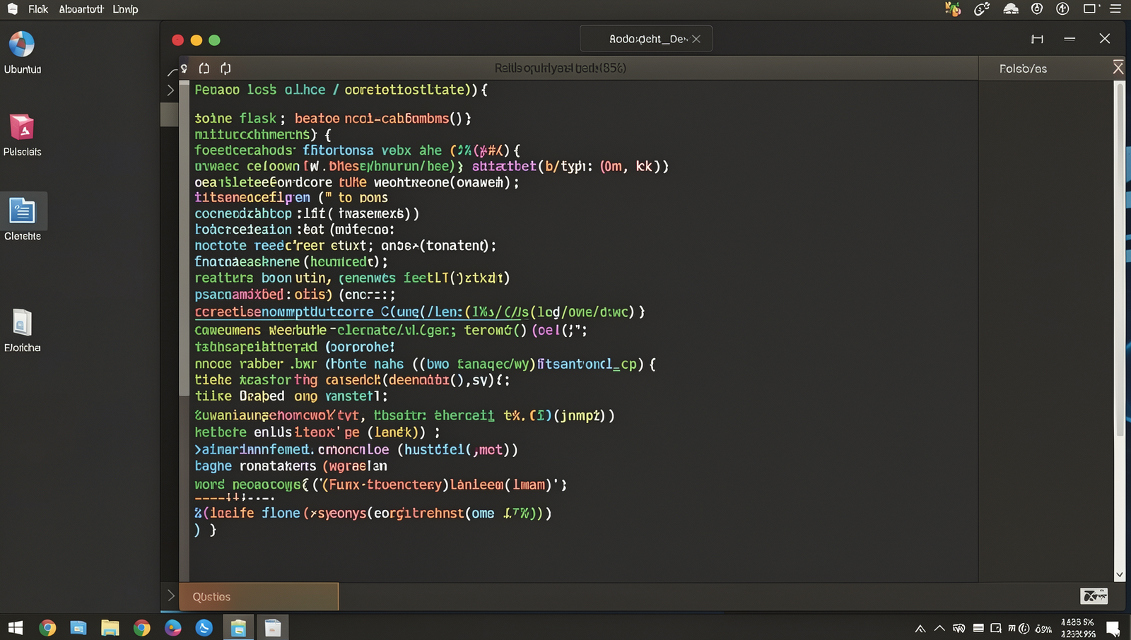 Photorealistic image of a Linux desktop displaying a Flask application code snippet.