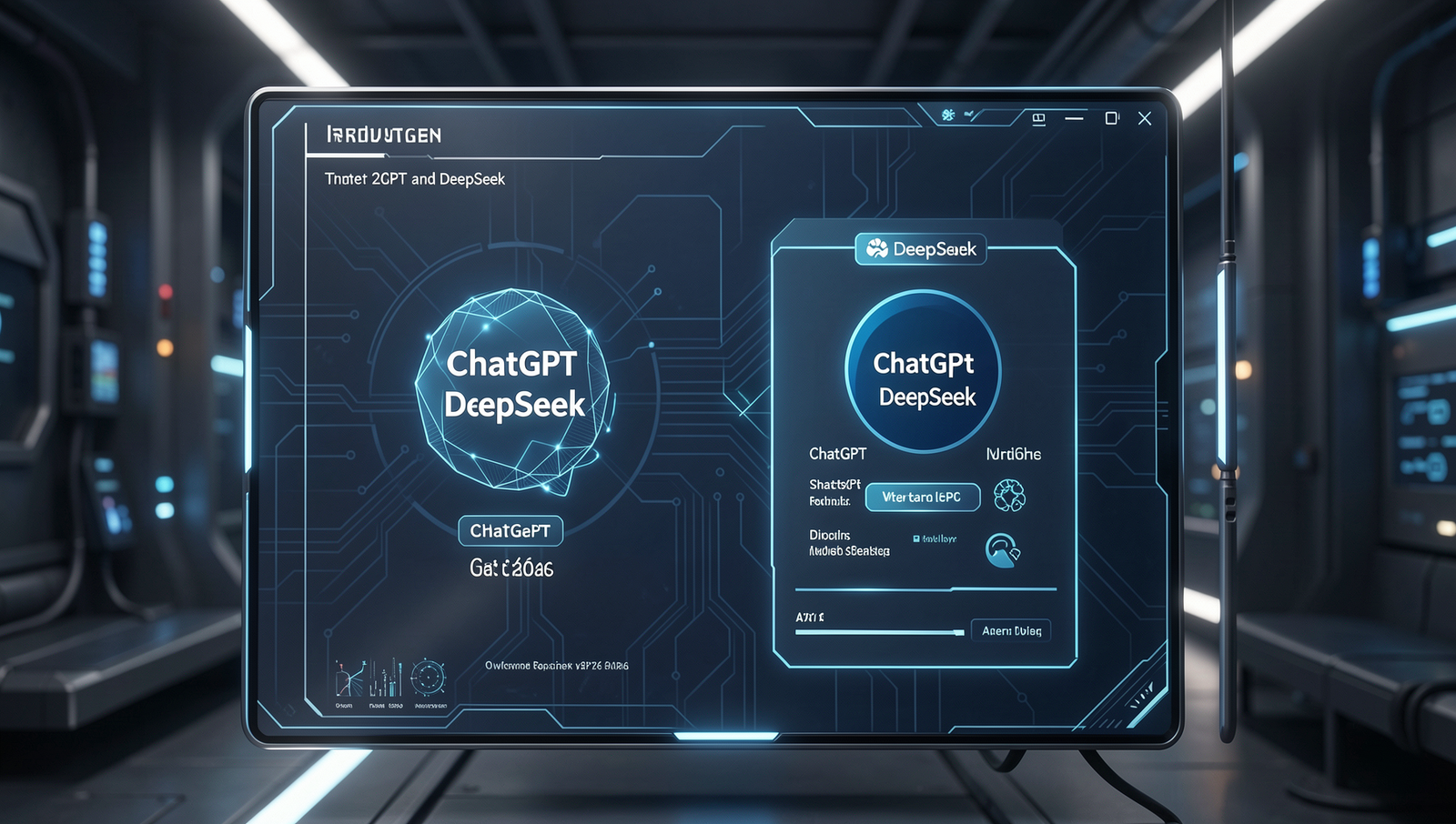 Futuristic AI interface comparing ChatGPT and DeepSeek in a professional setting.