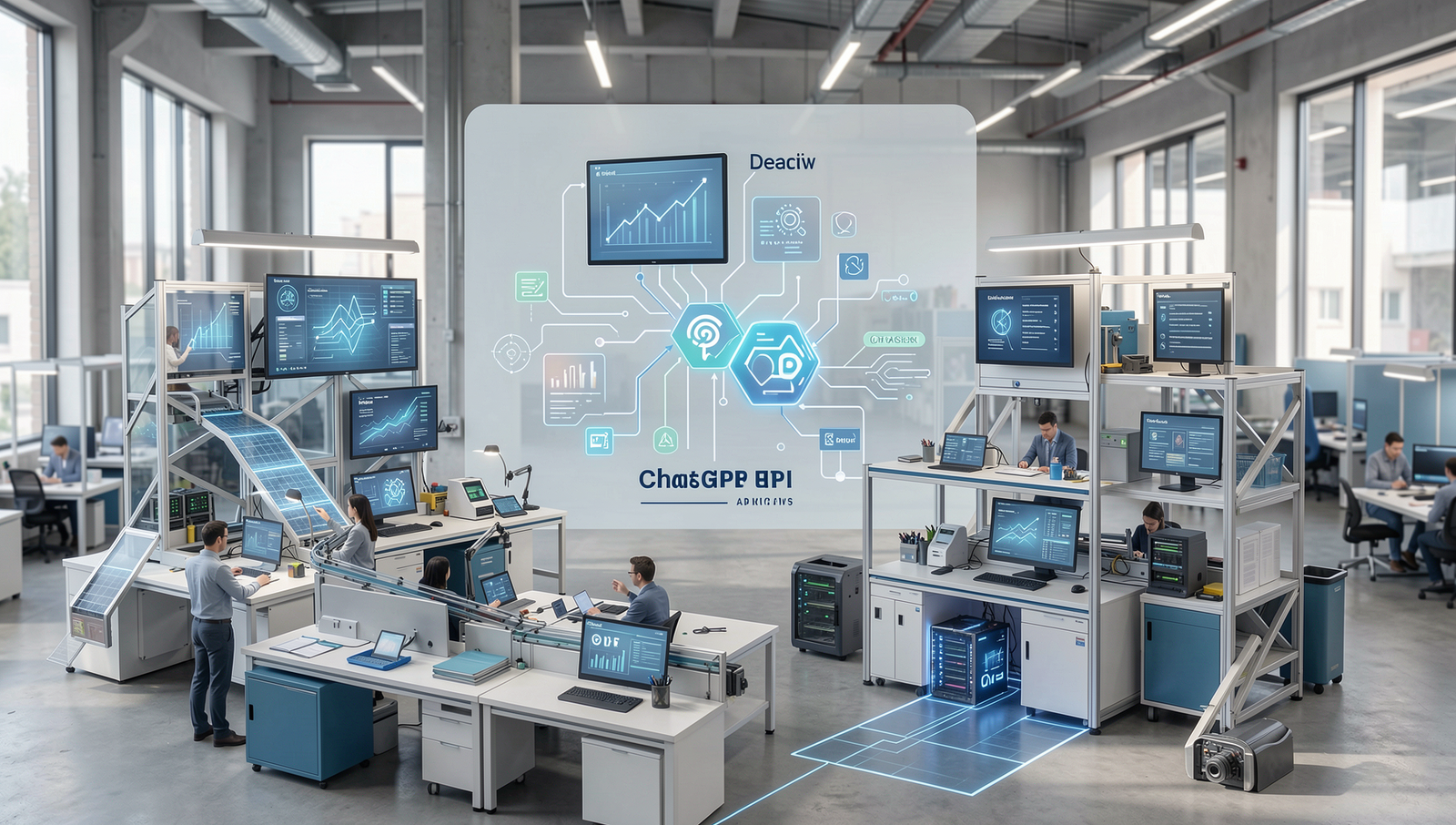 Illustration of various industries utilizing ChatGPT and DeepSeek technologies.