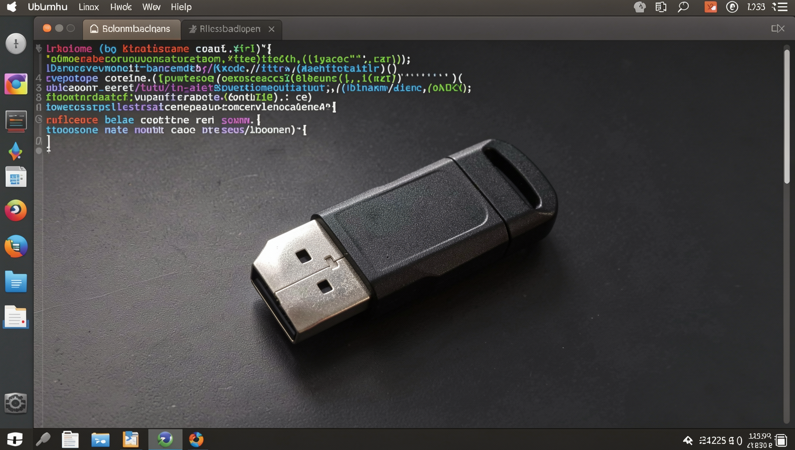 Formatted USB drive on a Linux desktop with realistic terminal interface.