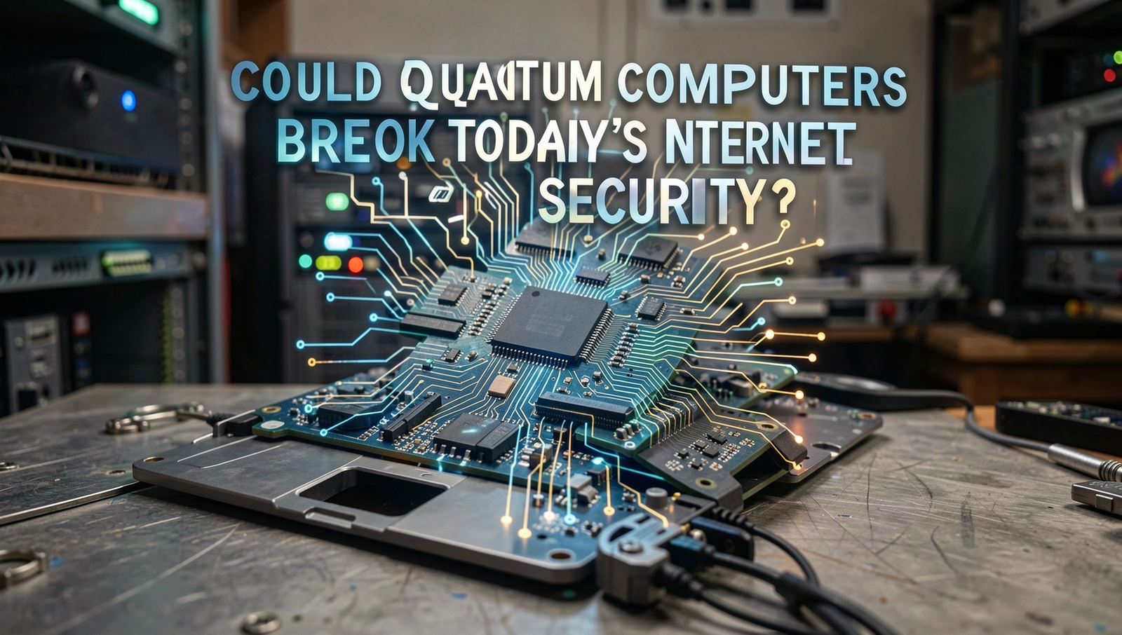 Cinematic view of a quantum computer in a modern tech environment.