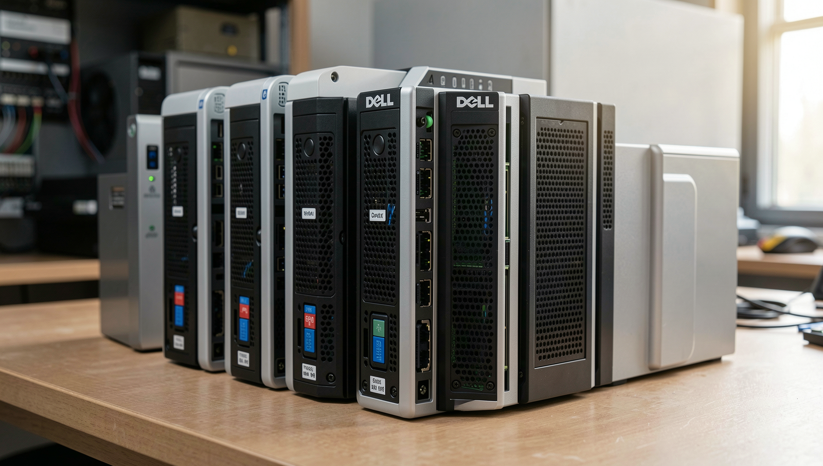 Five Dell mini PCs arranged in a cluster server setup with natural lighting.