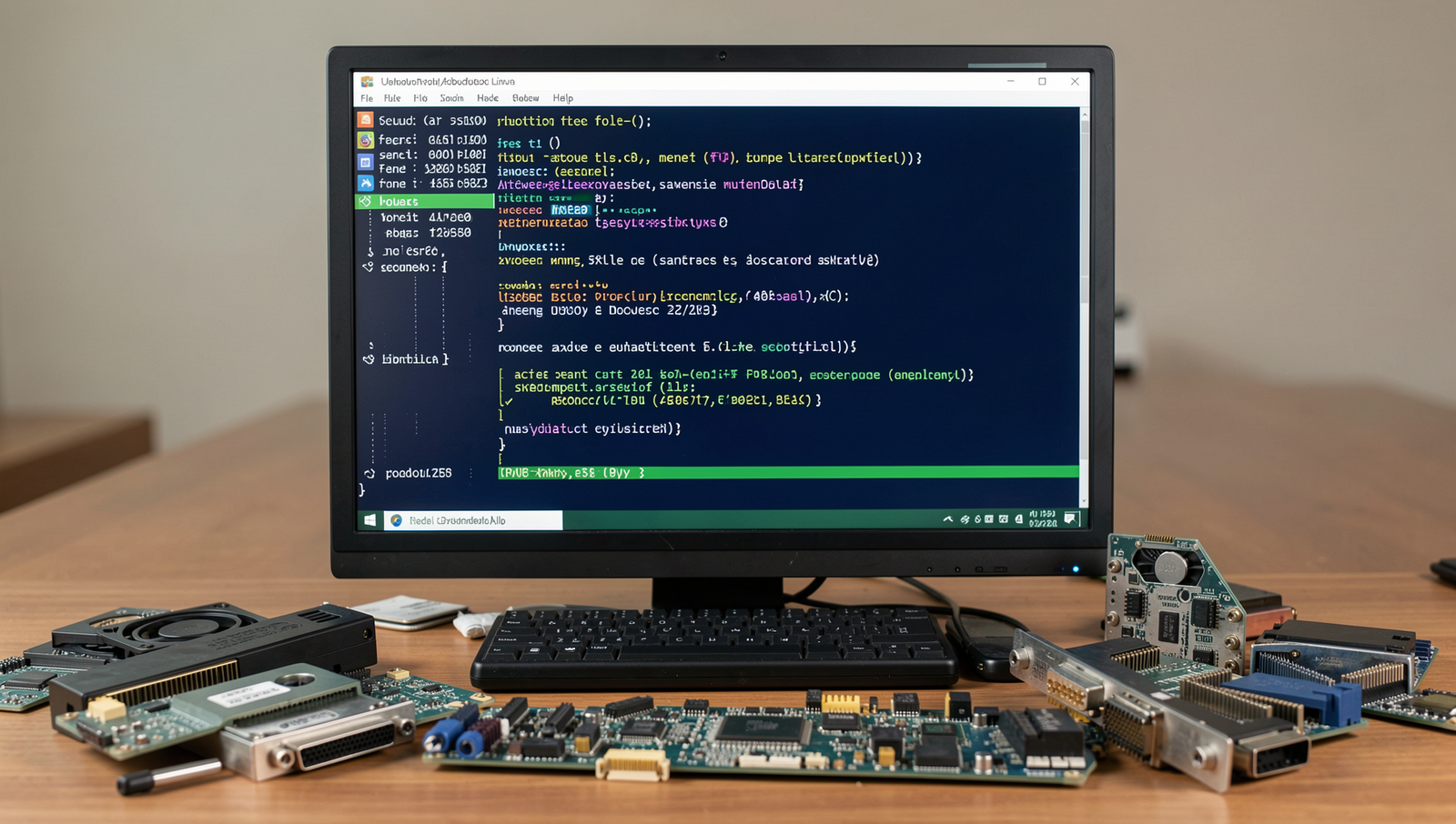 Gathered computer hardware components with a realistic Linux desktop in the background.