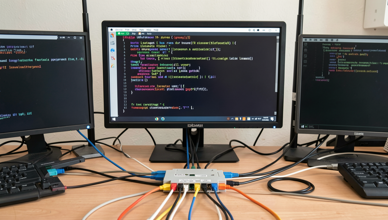 Detailed network setup with PCs connected to a switch and a Linux desktop interface.
