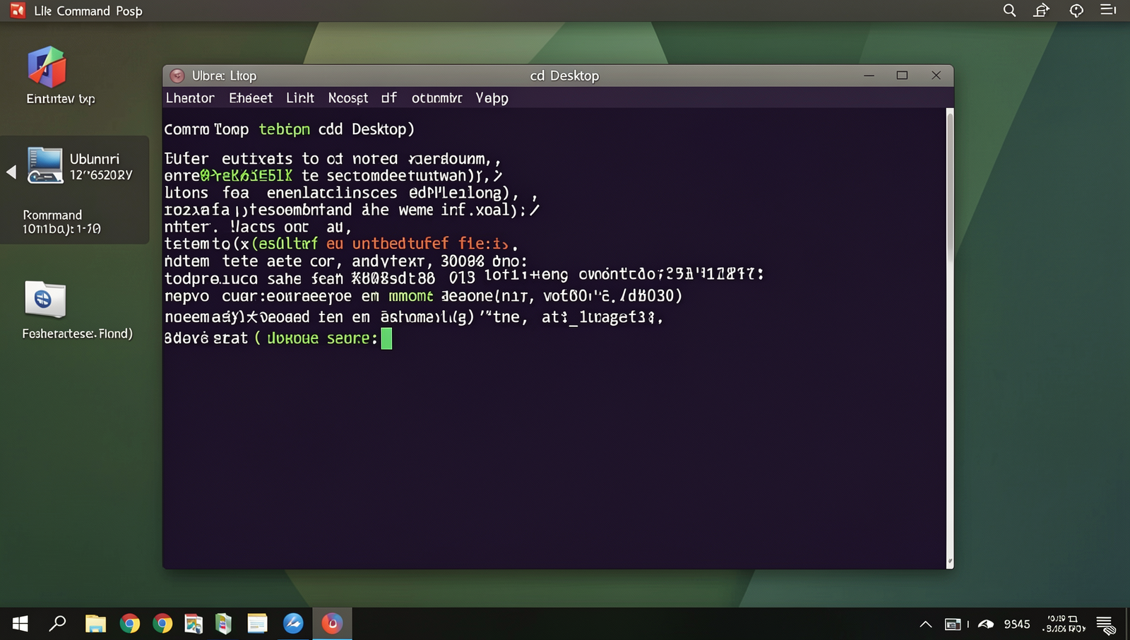 Command Prompt showing 'cd Desktop' command on a Linux desktop interface.