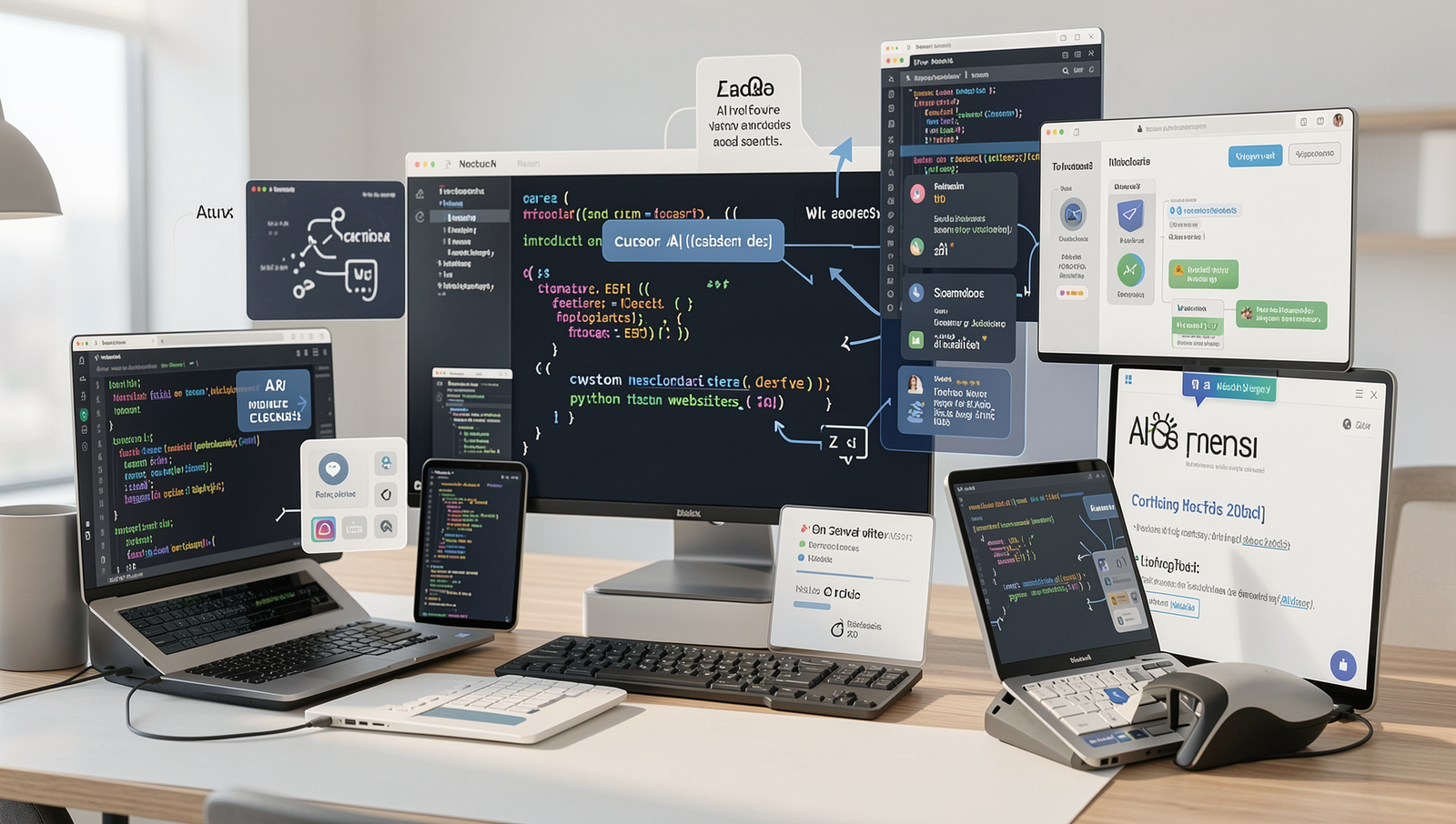 Illustration of AI coding assistants like Cursor AI, Claude Code, and Z AI in action.