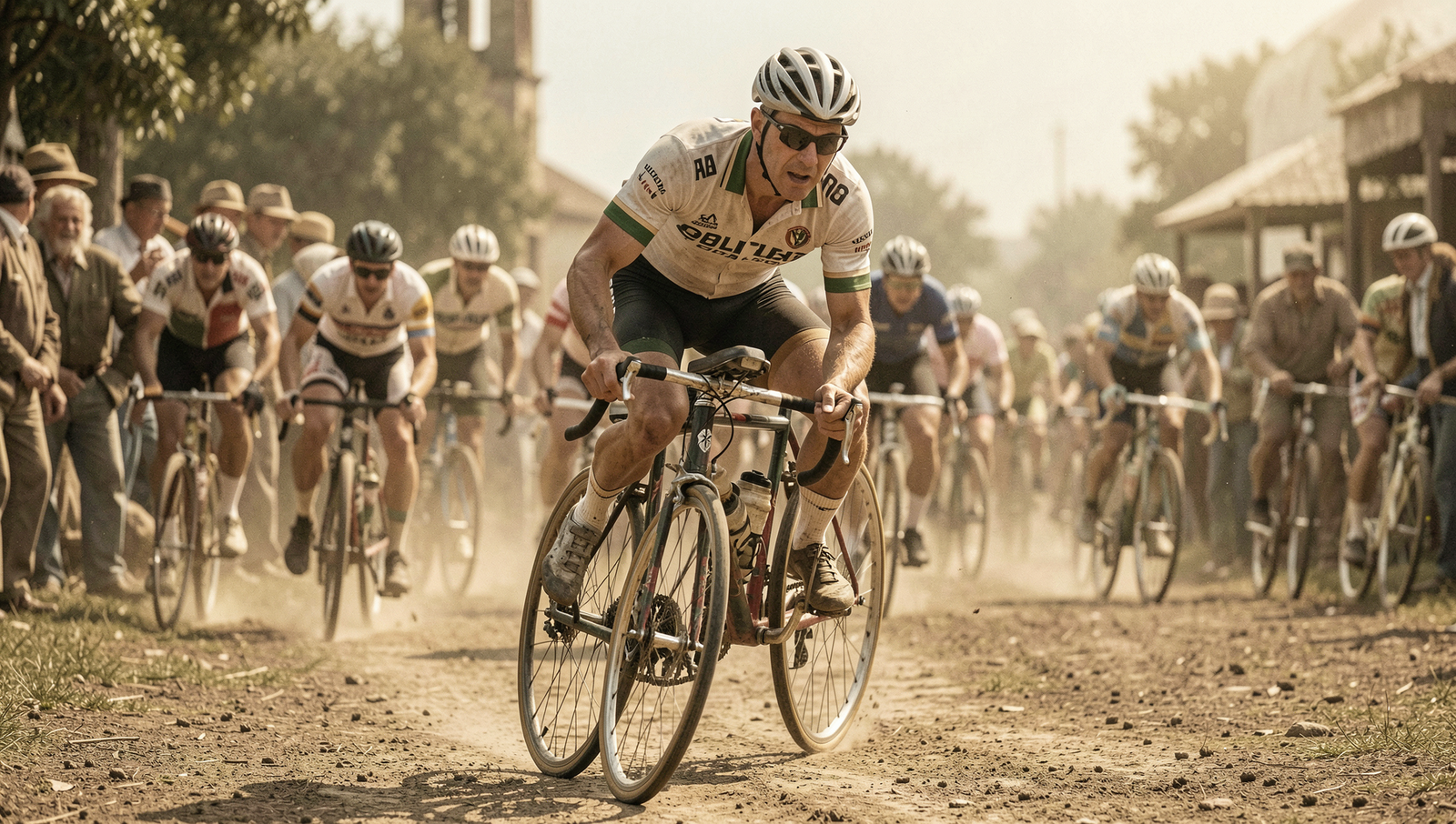 Vintage cycling race showcasing classic bicycles and riders in action.