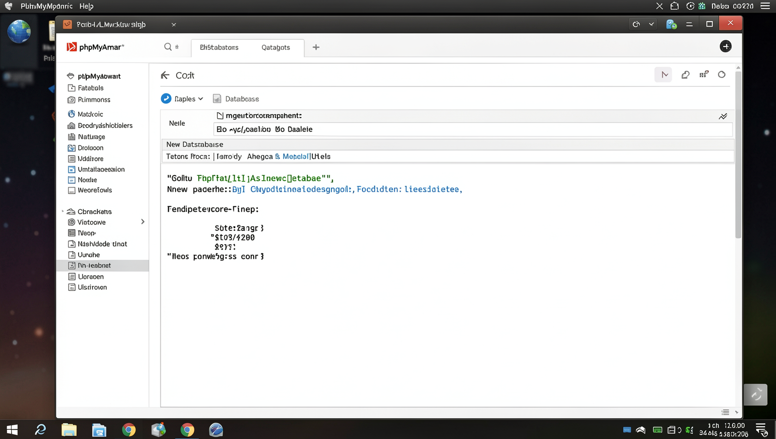 phpMyAdmin interface displaying a newly created database on a Linux desktop.