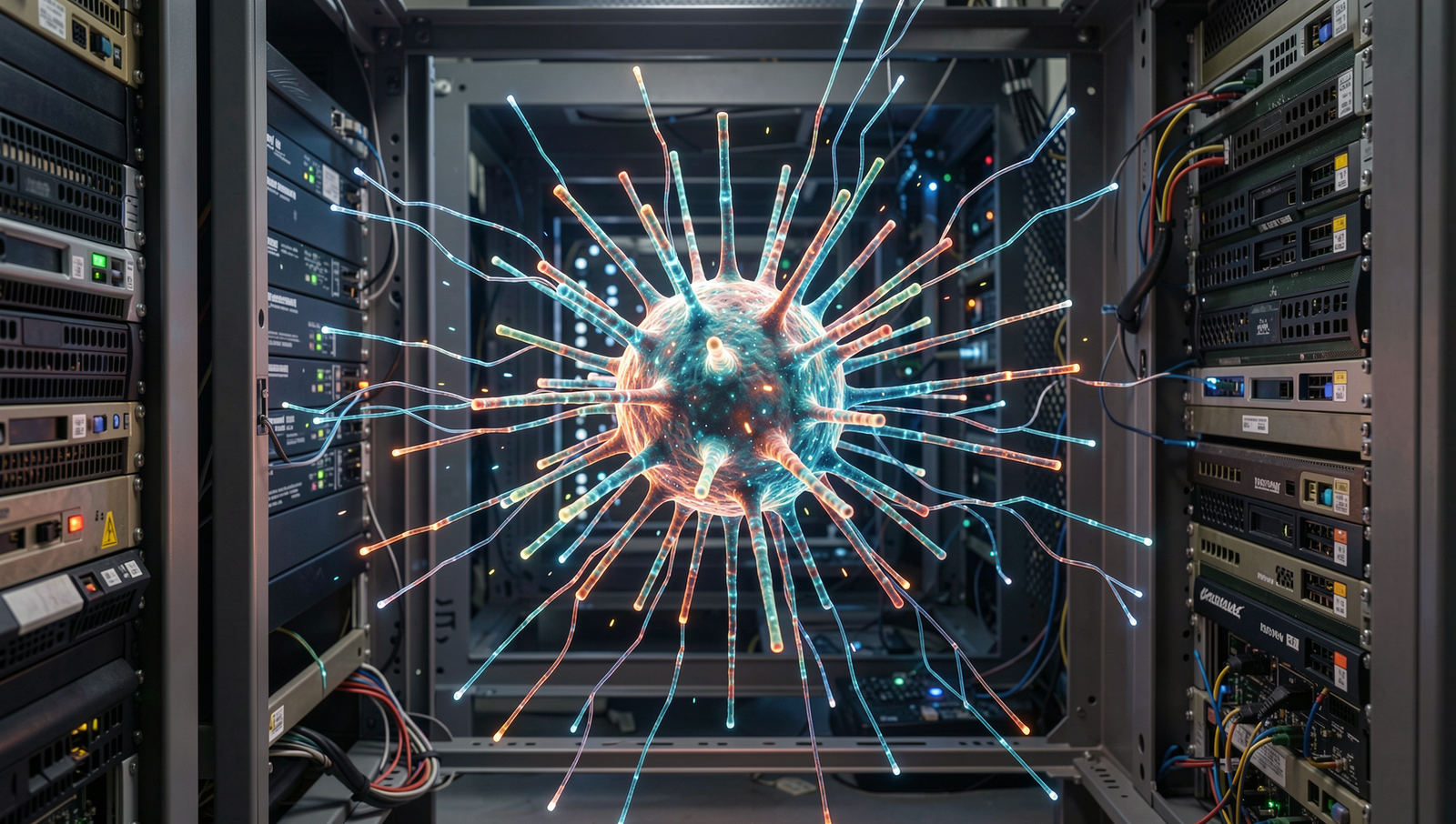 Illustration of a computer virus infecting a digital system with realistic details.