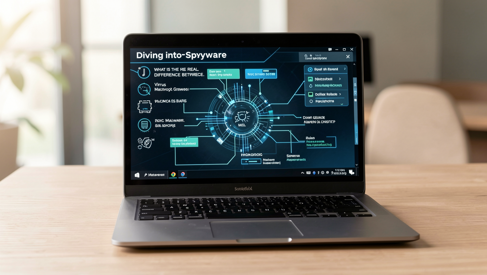 Detailed illustration of spyware monitoring user activity on a computer screen.