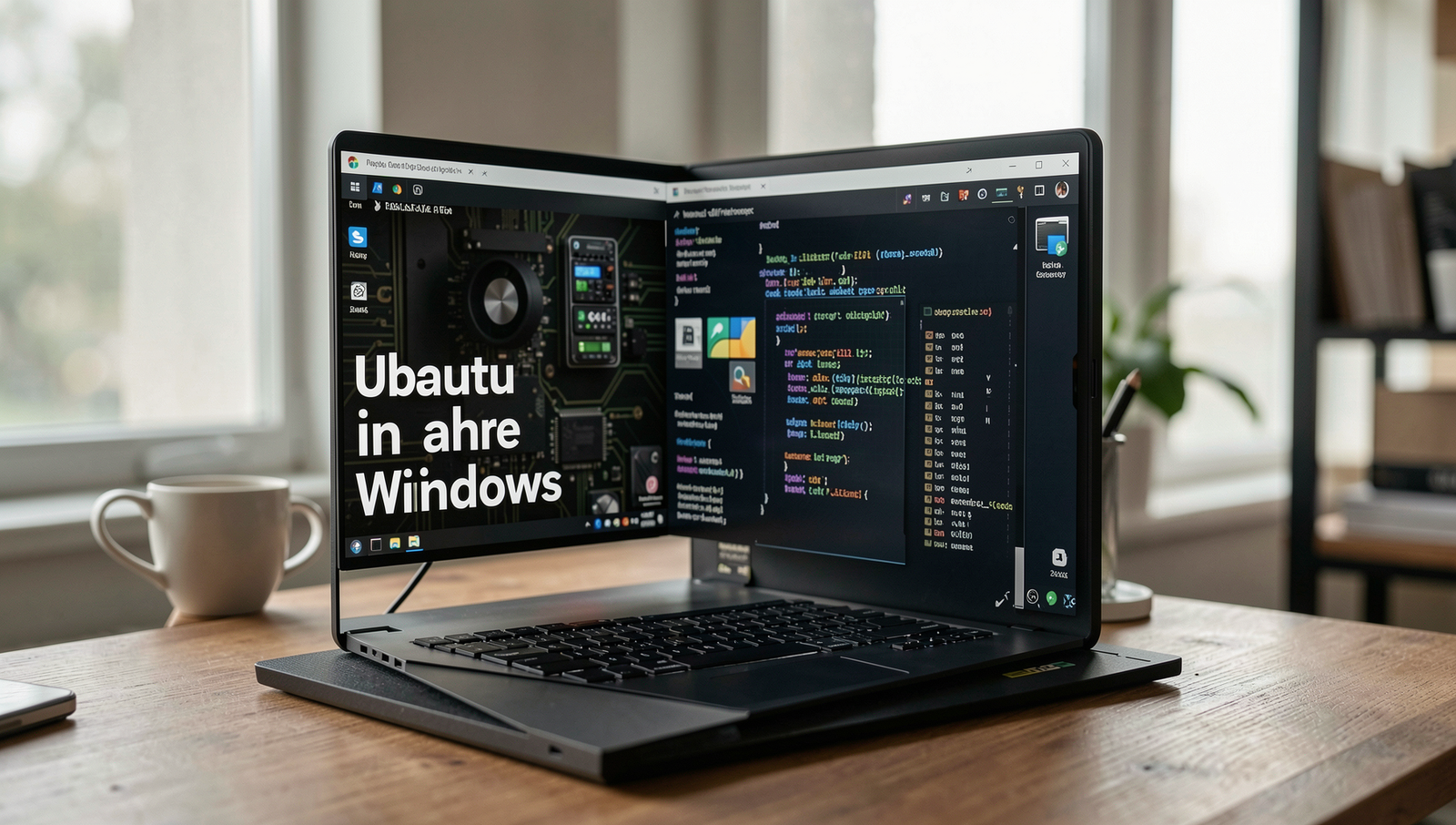 A side-by-side comparison of Ubuntu and Windows operating systems in a modern workspace.