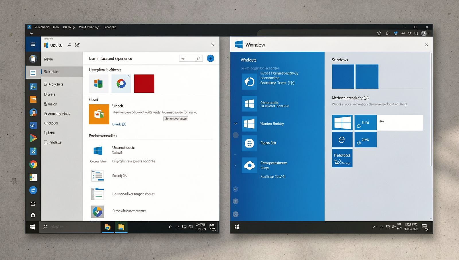 Comparison of Ubuntu and Windows user interfaces showcasing their distinct designs.