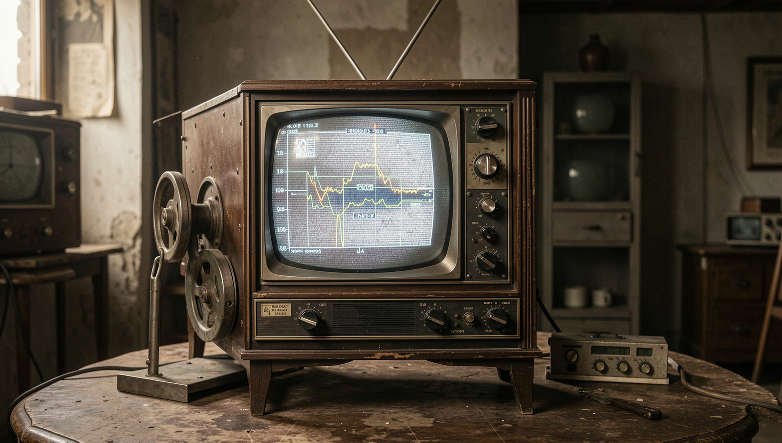 Historical image of early television experiments showcasing vintage equipment and setup.