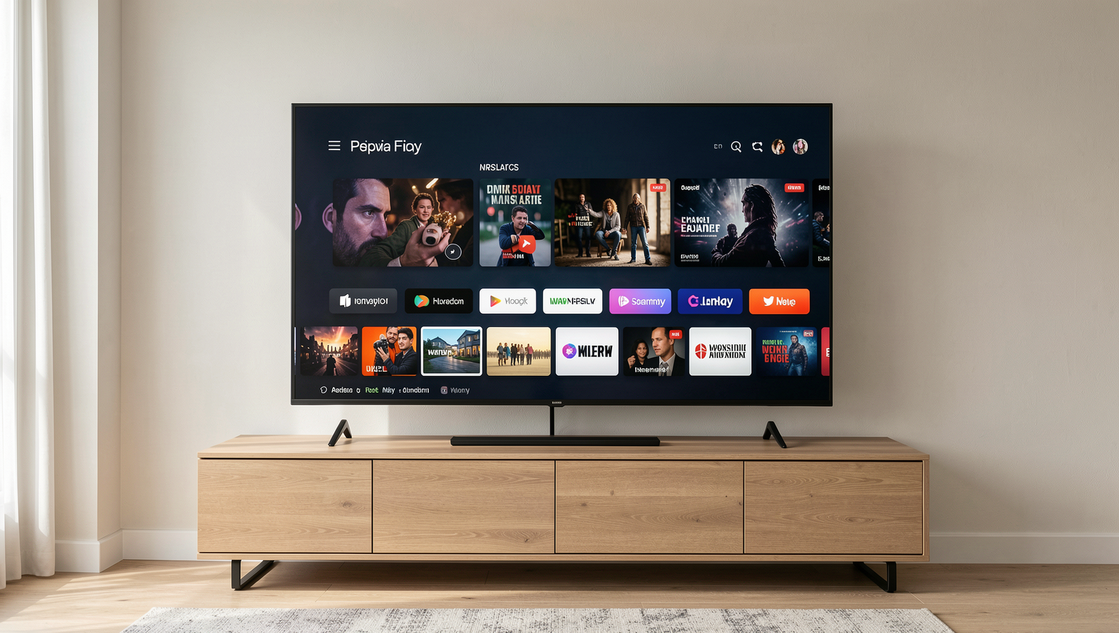 Modern smart TV displaying various streaming apps in a well-lit setting