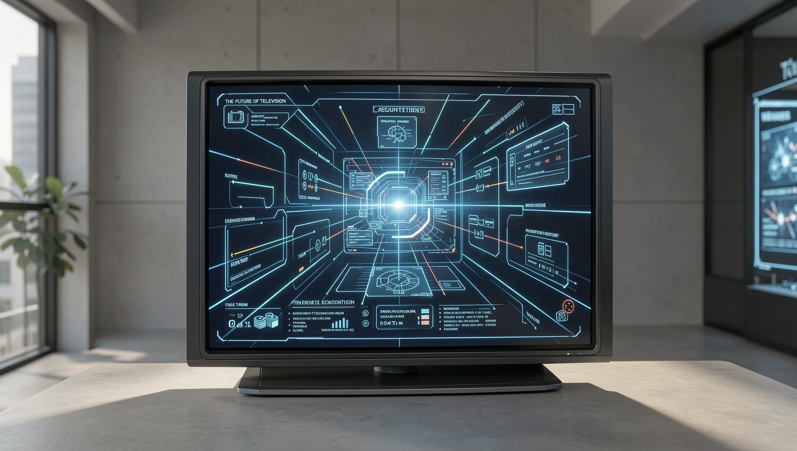 Futuristic television technology concept with realistic details and natural lighting.