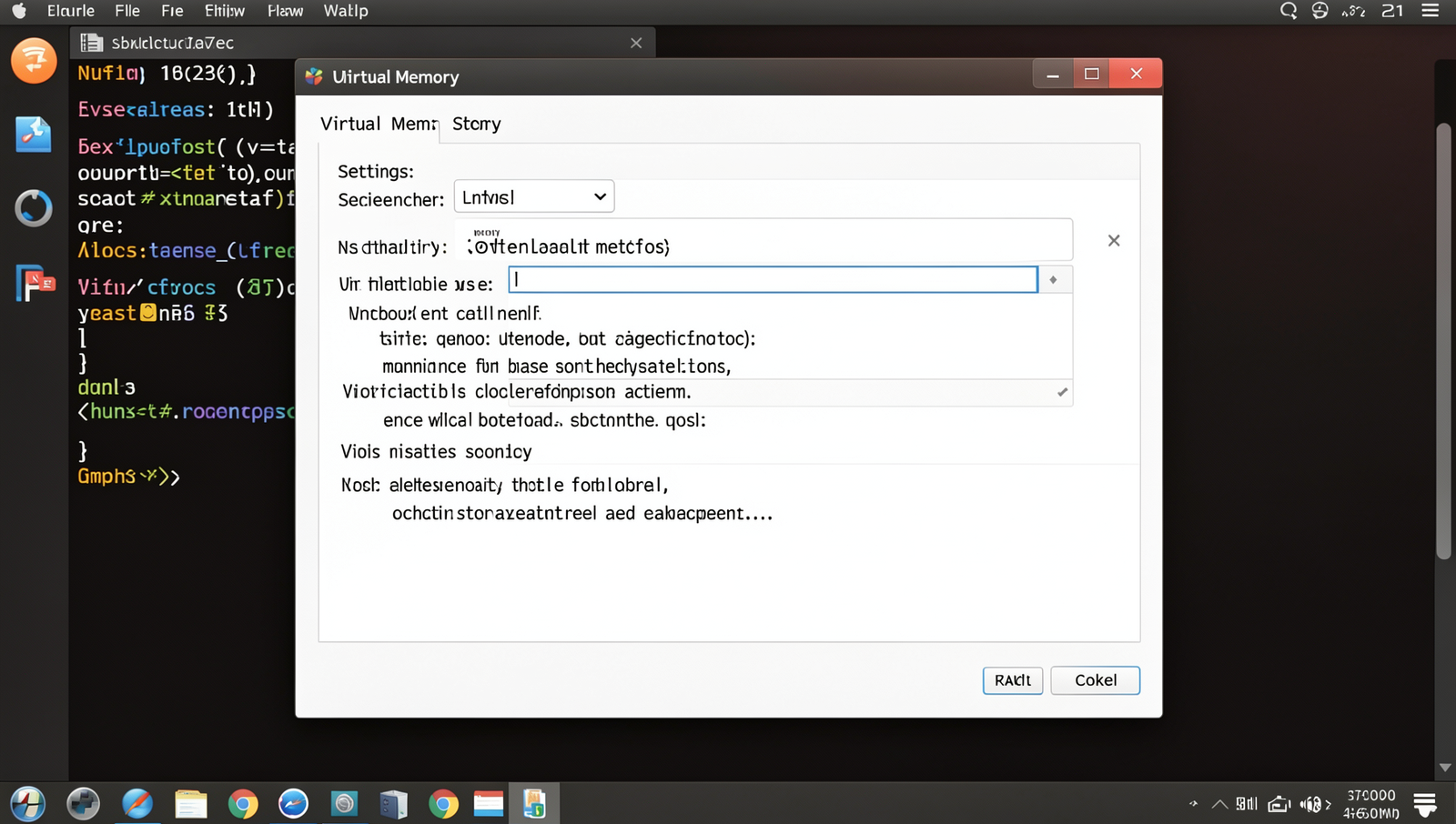 Virtual Memory settings window on a Linux desktop with realistic UI details.