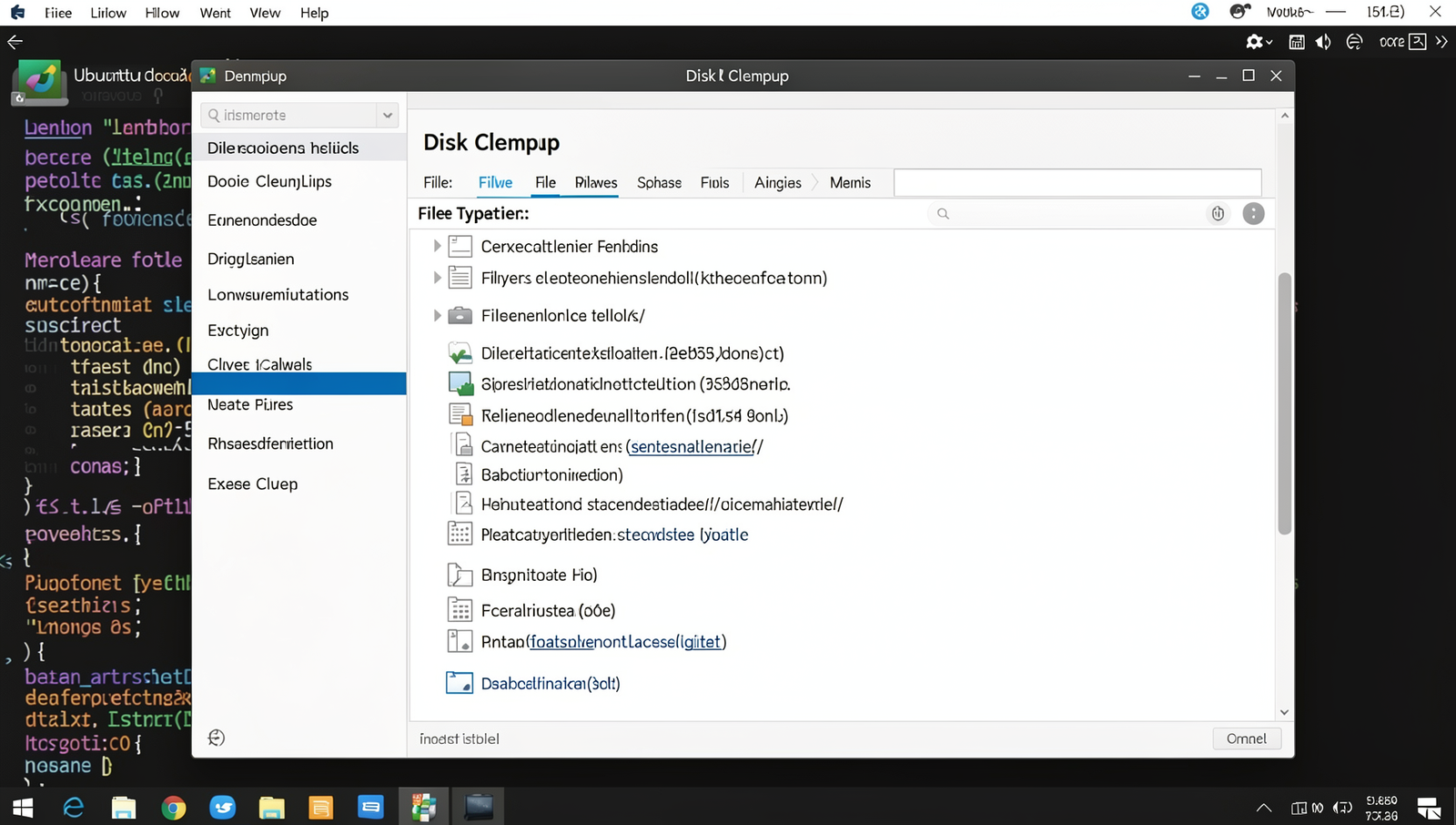 Disk Cleanup interface showing selected file types on a Linux desktop.