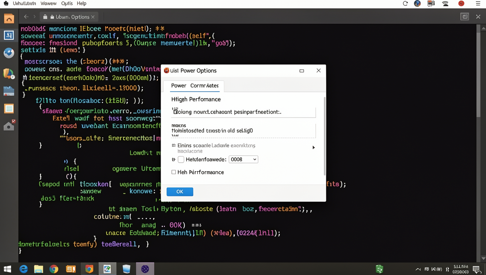 Linux desktop showing Power Options with High Performance selected in a tutorial setting.