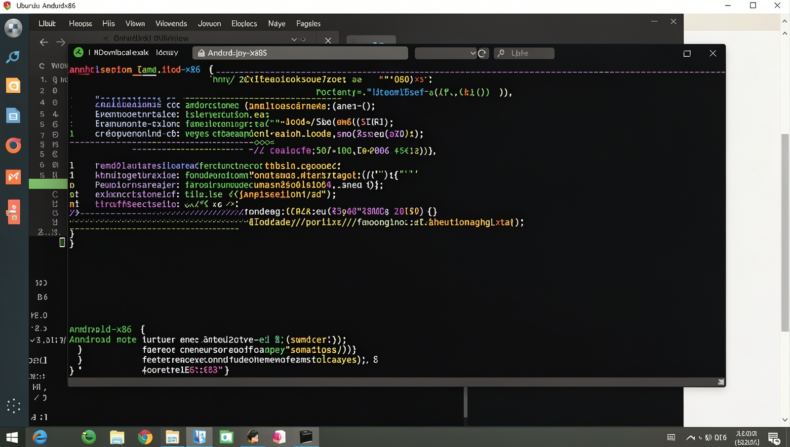Realistic computer screen displaying the Android-x86 download page with Linux desktop UI.