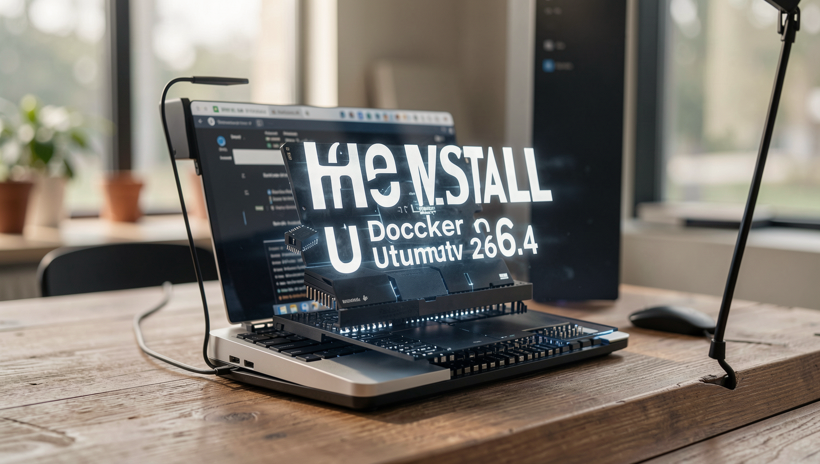 Professional photo of a laptop displaying Docker installation on Ubuntu 26.4.