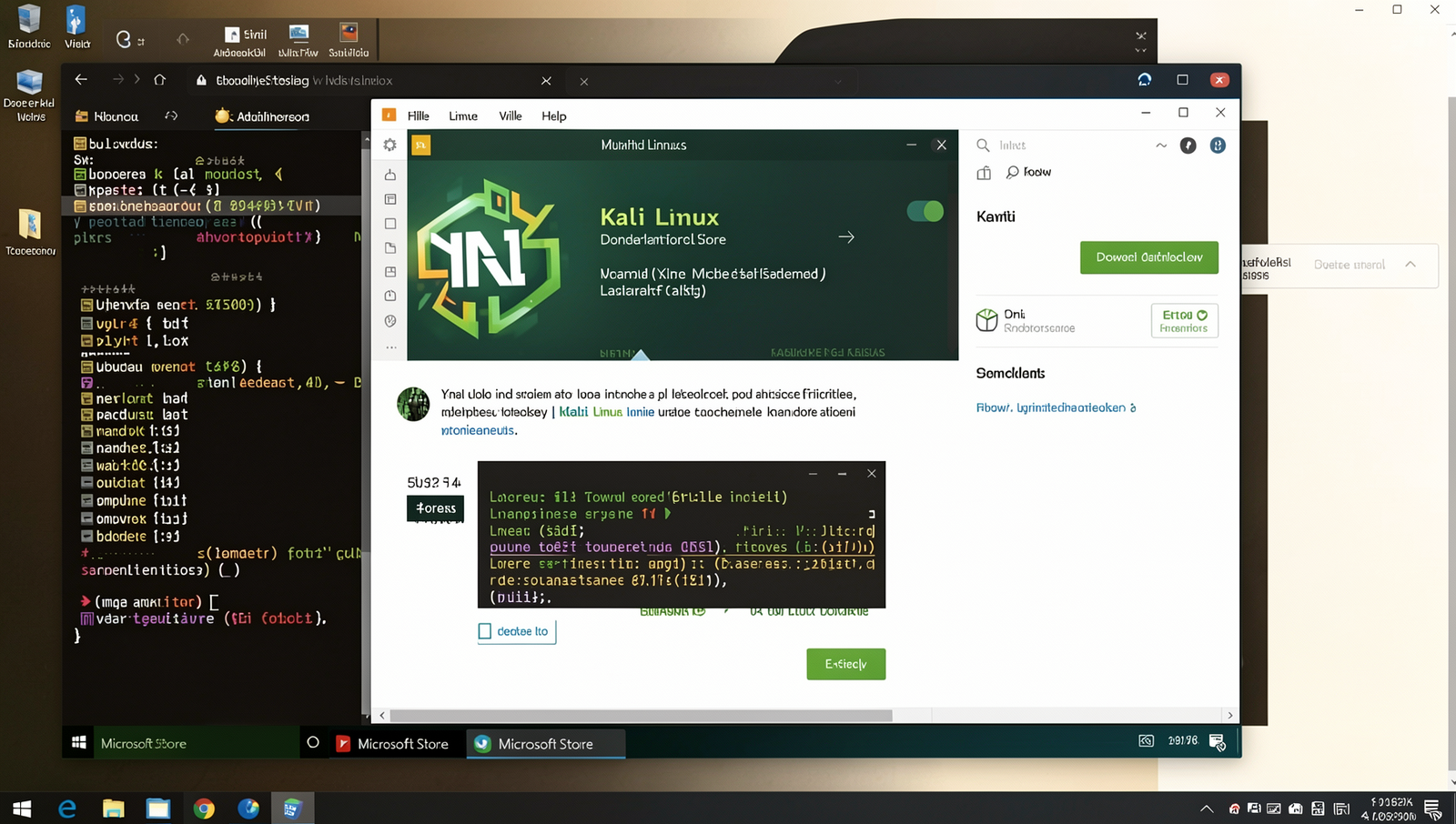 Kali Linux download page displayed on a Microsoft Store screen in a realistic setting.