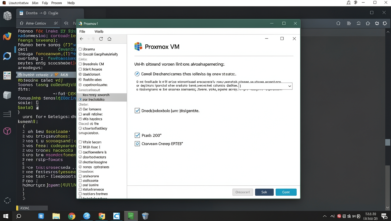 Screenshot of Proxmox VM creation wizard with realistic Linux desktop interface.