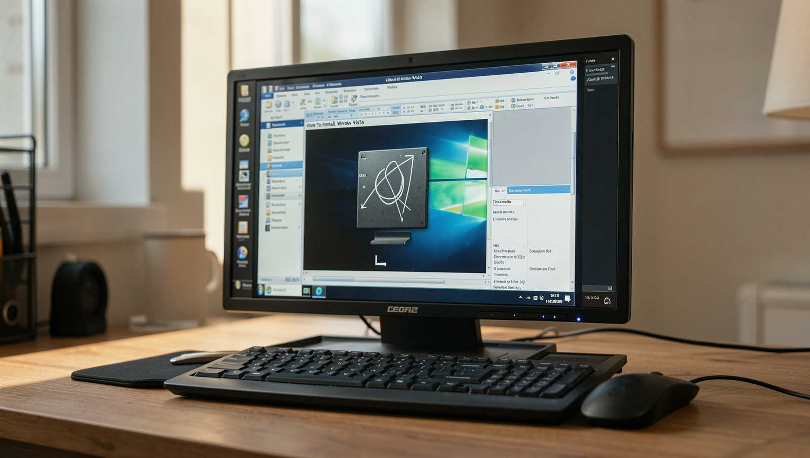 Professional setup scene for installing Windows Vista with detailed tools and equipment.