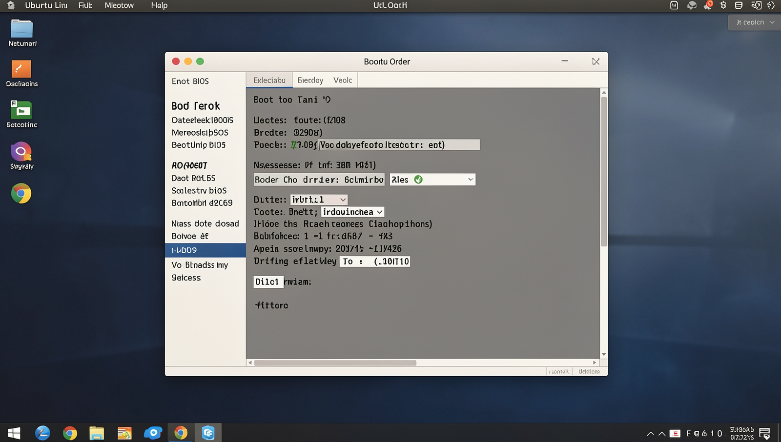 Detailed BIOS settings screen showing boot order configuration on a Linux desktop.