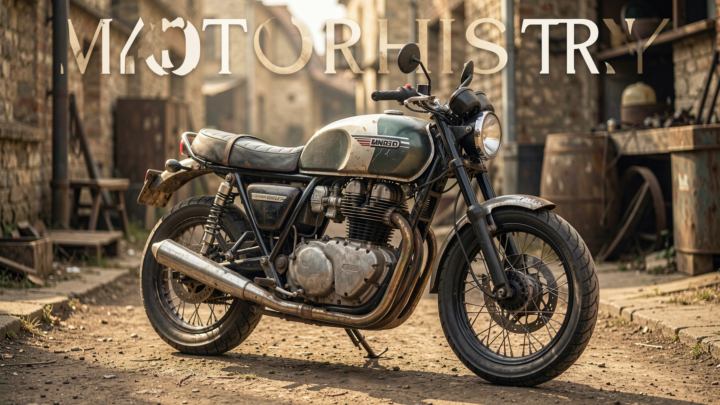 A vintage motorcycle on display in a historic setting, showcasing motorcycle history.