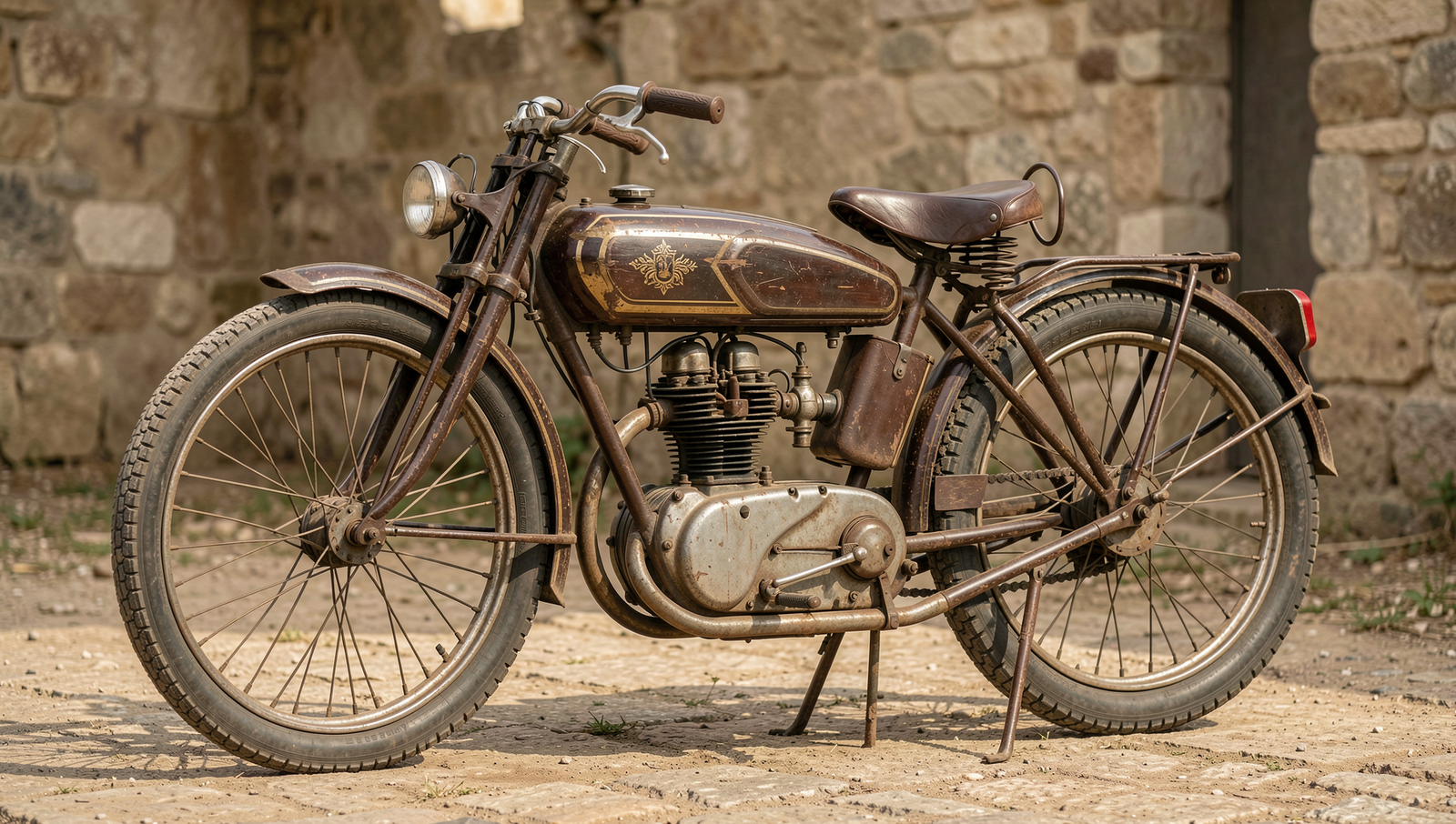 Detailed photorealistic image of a historical motorcycle from the 1800s.