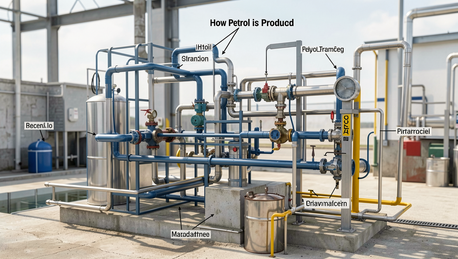 Detailed infographic illustrating the petrol refining process with realistic lighting.