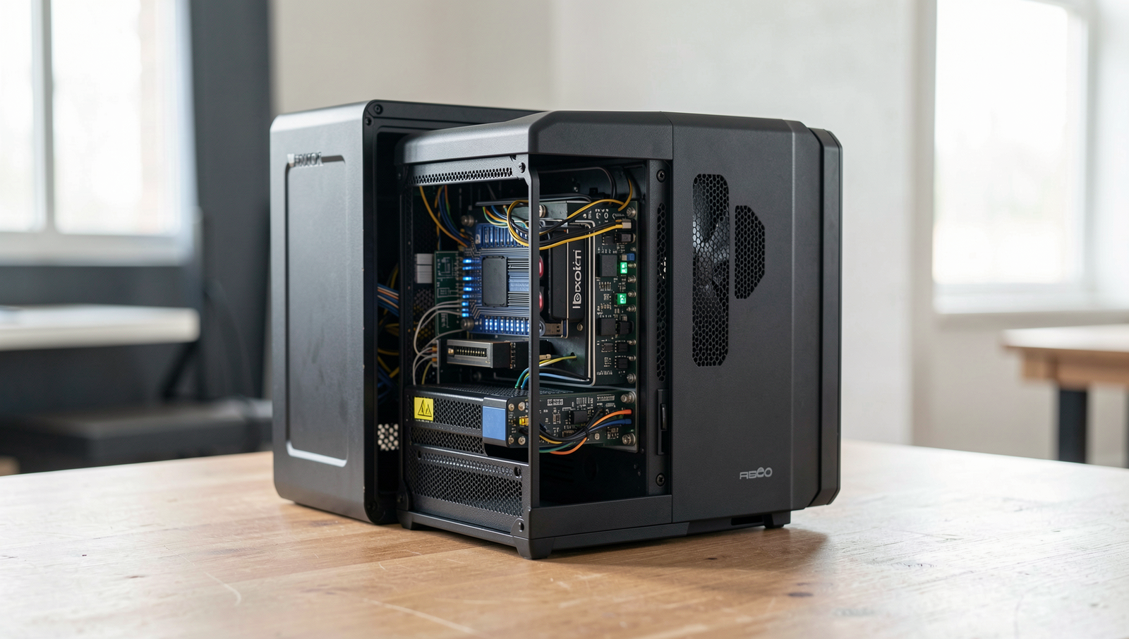 Photorealistic image illustrating Proxmox and Docker integration in a tech environment.