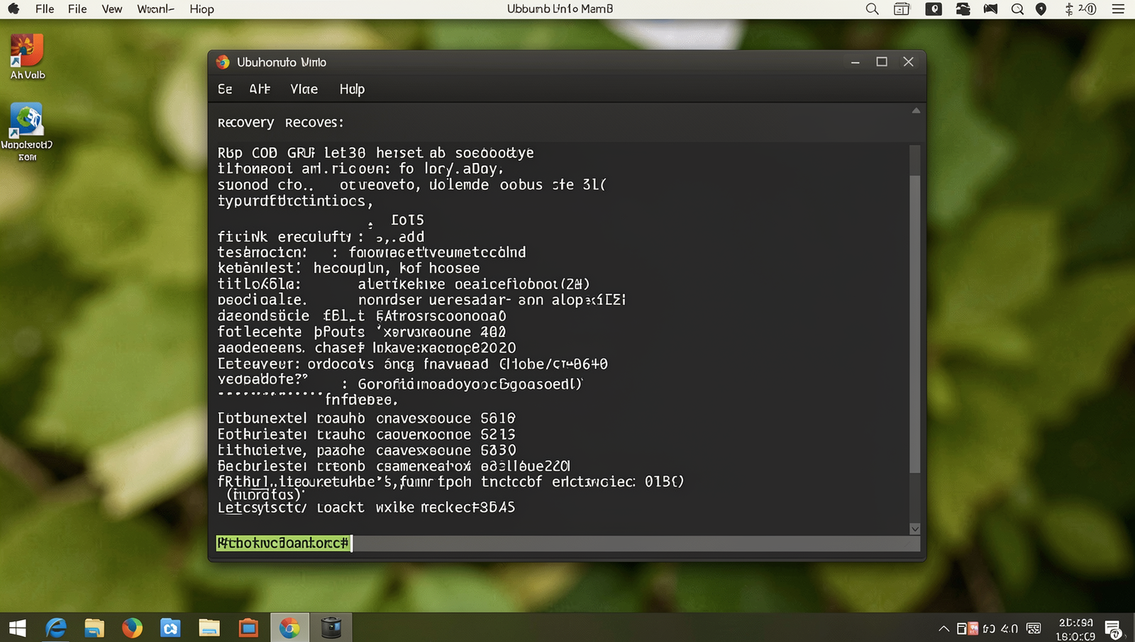 GRUB menu displaying recovery options on a Linux desktop screen.