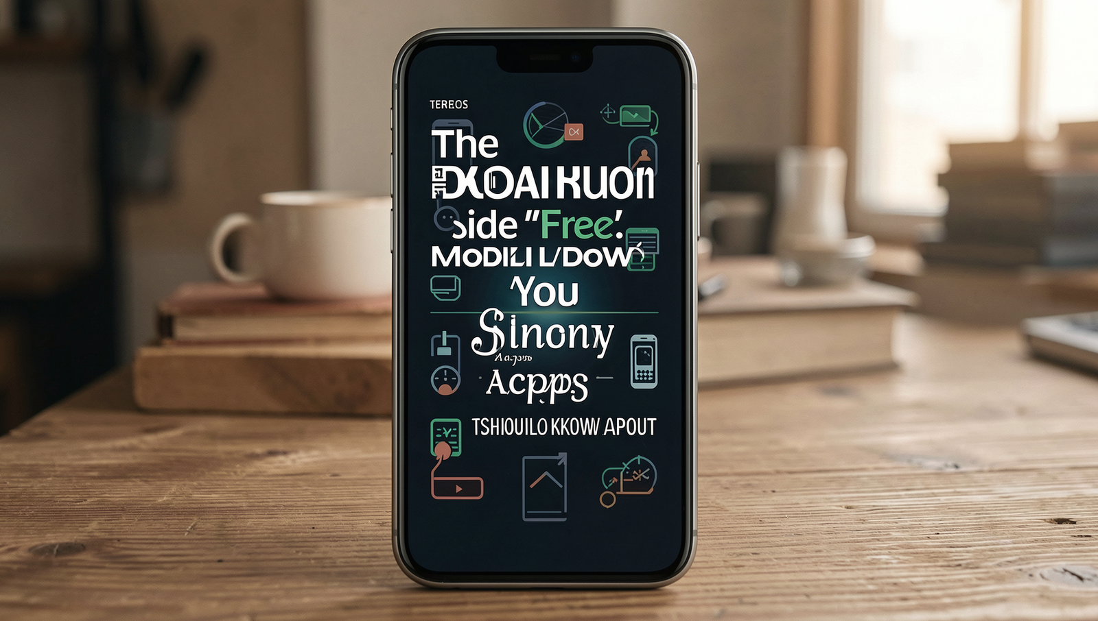 A smartphone displaying various free mobile apps in a dimly lit room.