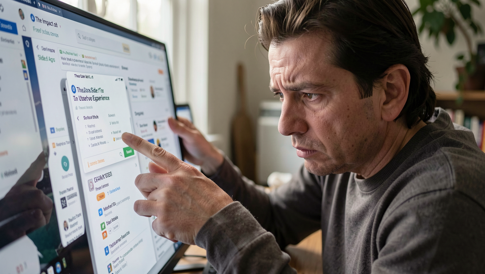 Frustrated user struggling with a cluttered mobile app interface.