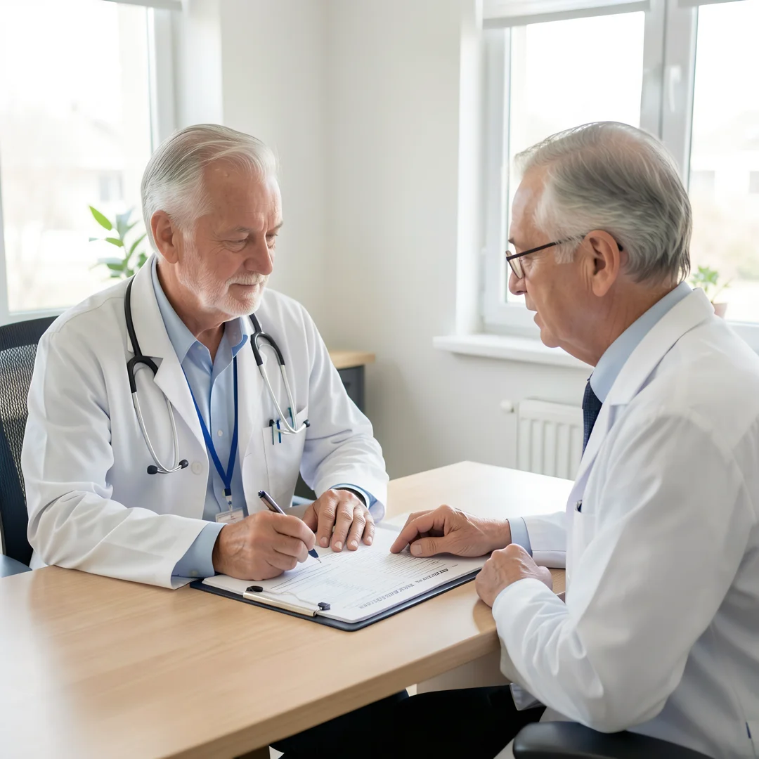 Step 1: Doctor consultation with men over 60 patient reviewing health chart and baseline checkup plan