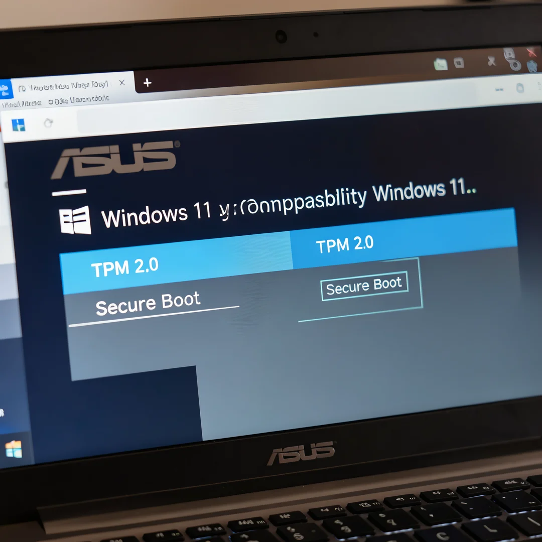 Step 1: ASUS laptop BIOS screen showing TPM 2.0 and Secure Boot enabled for Windows 11 compatibility check