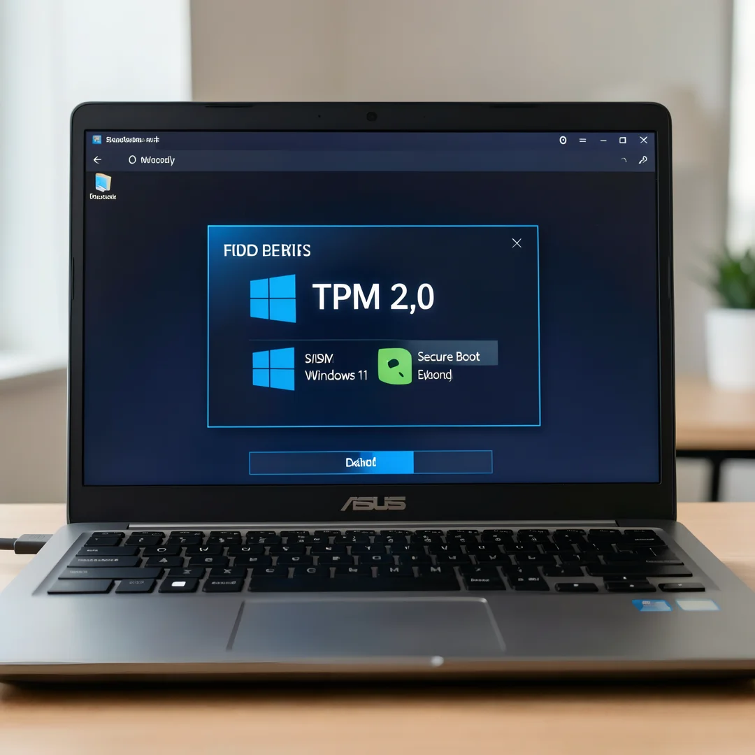Step 1: ASUS laptop BIOS screen showing TPM 2.0 and Secure Boot enabled for Windows 11 compatibility check