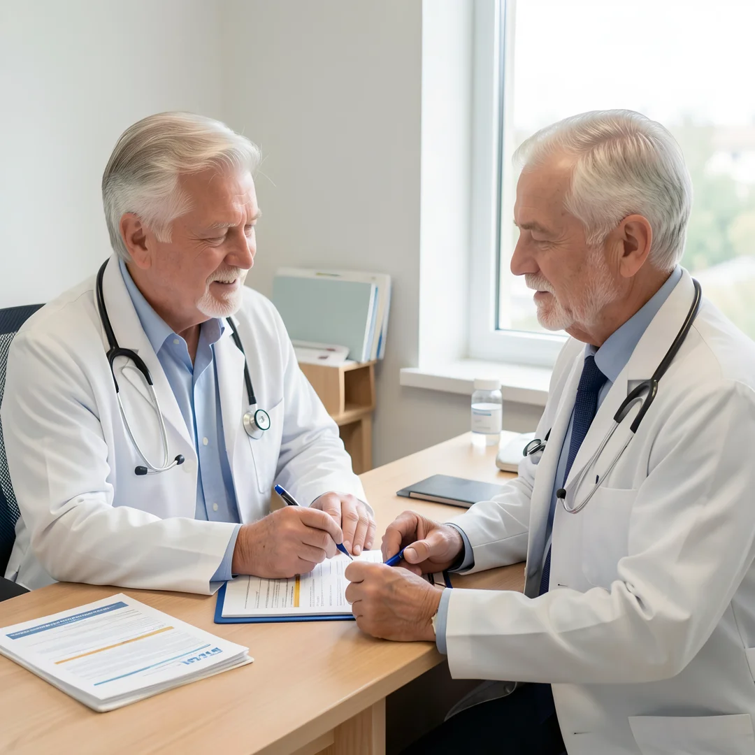 Step 1: Doctor consultation with men over 60 patient reviewing health chart and baseline checkup plan