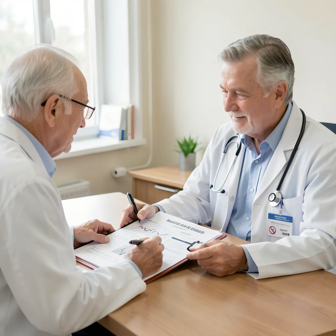 Step 1: Doctor consultation with men over 60 patient reviewing health chart and baseline checkup plan